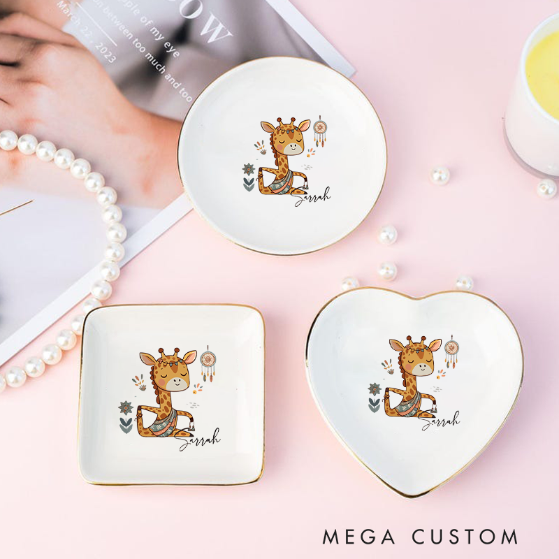 Personalized Ring Dishes with Cute Boho Giraffe Design and Gold Trim Perfect for Yoga Lovers, Home Décor, Jewelry Storage, or Unique Gift