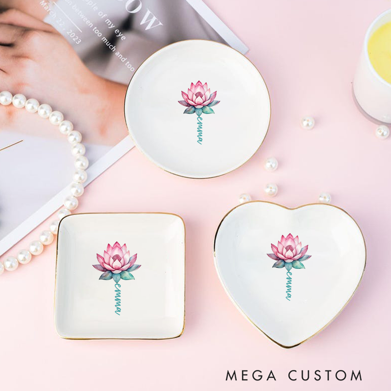 Personalized Ring Dishes with Elegant Lotus Flower Design and Gold Trim Perfect for Yoga Lovers, Home Décor, Jewelry Storage, or Unique Gift