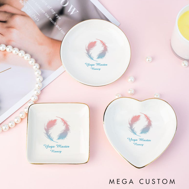 Personalized Ring Dishes with Elegant Feather Design and Gold Trim Perfect for Yoga Lovers, Home Décor, Jewelry Storage, or Unique Gift