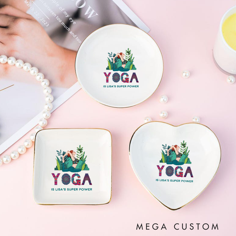 Personalized Ring Dishes with Yoga-Themed Design and Gold Trim Perfect for Yoga Lovers, Home Décor, Jewelry Storage, or Unique Gift