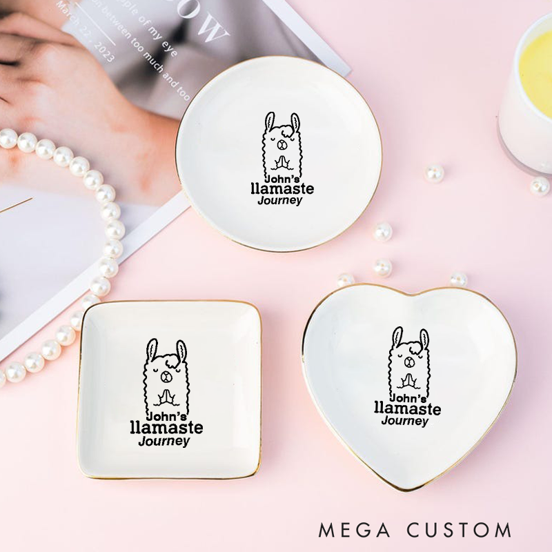 Personalized Ring Dishes with Funny Llama Yoga Design and Gold Trim Perfect for Jewelry Storage, Home Décor, or Unique Gift for Yoga Lovers
