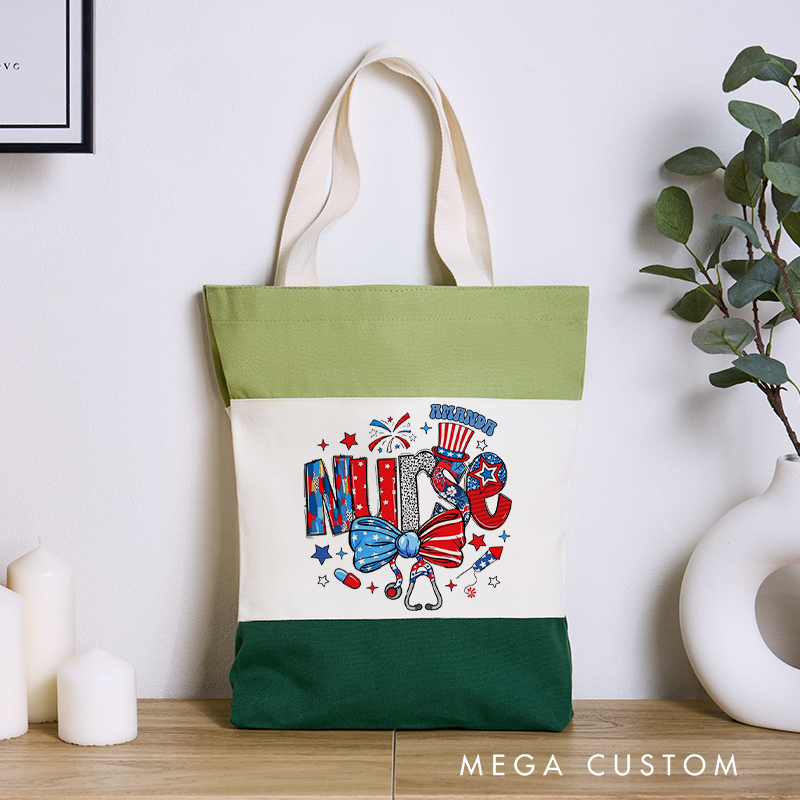 Personalized Nurse Tri Color Canvas Tote Bag Enhanced with Festive Elements Design Gift for Nurse