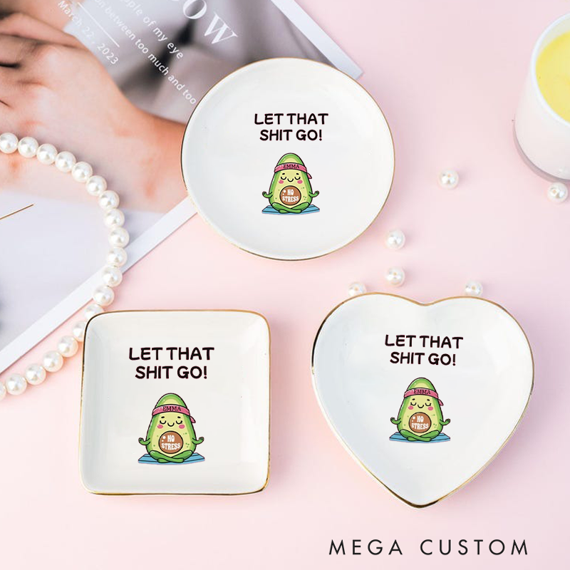 Personalized Ring Dishes with Funny Avocado Yoga Design and Gold Trim Perfect for Jewelry Storage, Home Décor, or Unique Gift for Yoga Lovers