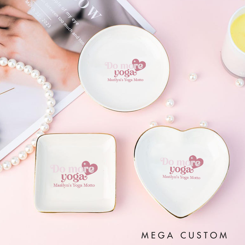 Personalized Ring Dishes with Elegant Yoga Motto Design and Gold Trim Perfect for Jewelry Storage, Home Décor, or Unique Gift for Yoga Lovers
