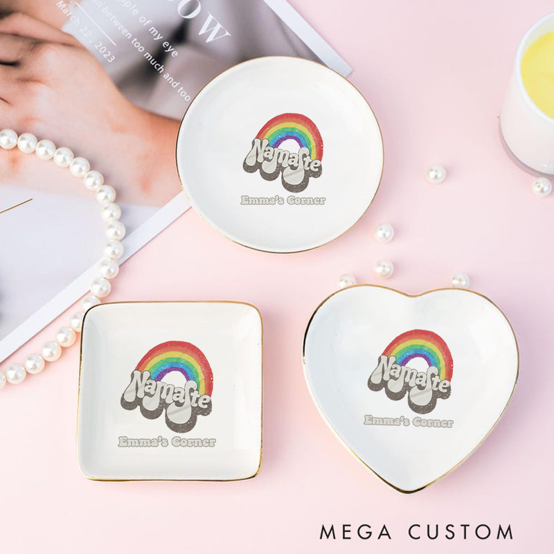 Personalized Ring Dishes with Vibrant Rainbow Namaste Design and Gold Trim Perfect Gift for Jewelry Storage, Home Décor, or Unique Gift for Yoga Lover