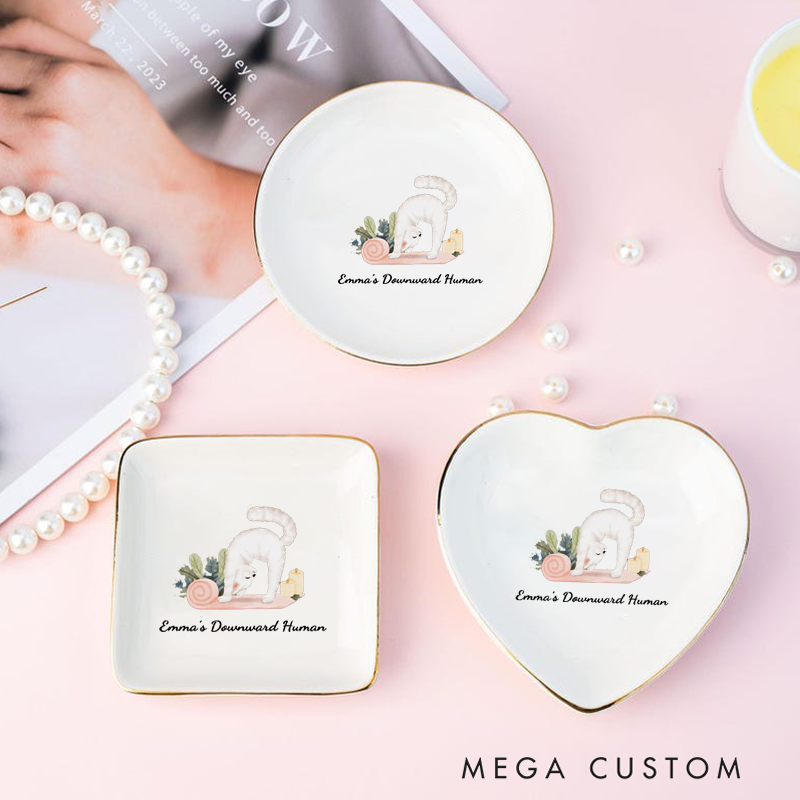 Personalized Ring Dishes with Adorable Yoga Cat Design and Gold Trim Perfect Gift for Jewelry Storage, Home Décor or Unique Gift for Cat and Yoga Lover