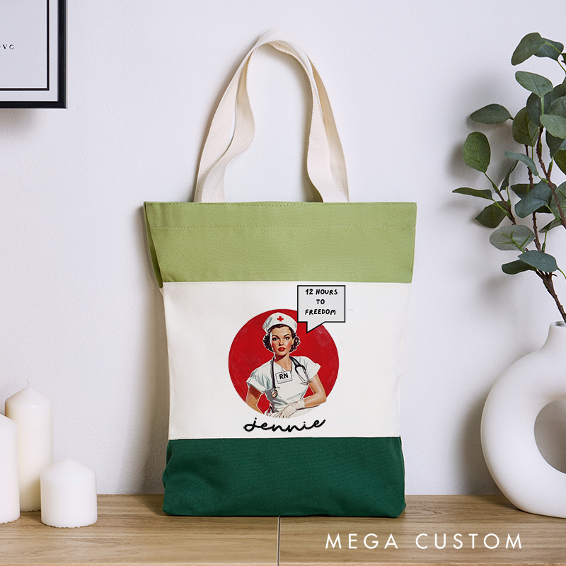 Personalized Nurse Tri Color Canvas Tote Bag Twelve Hours to Freedom Appreciation Gift for Nurse