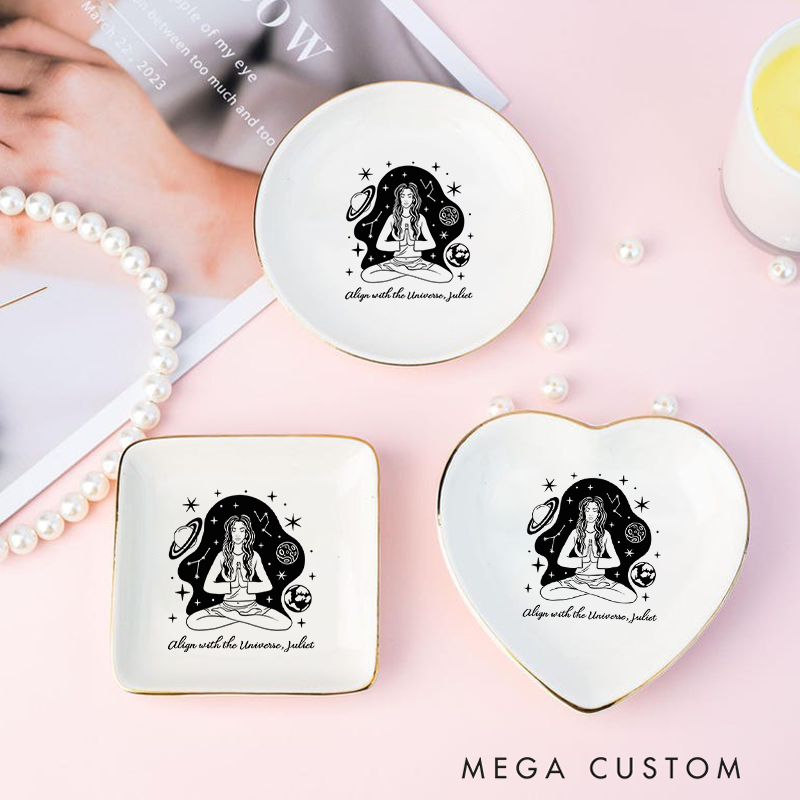Personalized Ring Dishes with Cosmic Meditation Design and Gold Trim Perfect Gift for Jewelry Storage, Home Décor or Unique Gift for Yoga Lover