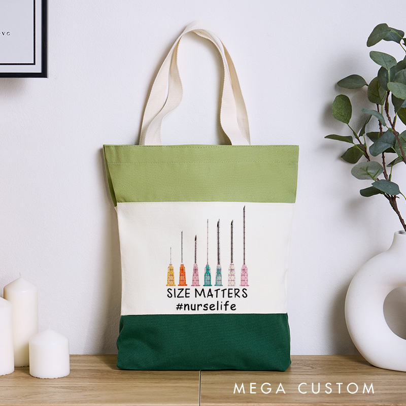 Personalized Nurse Tri Color Canvas Tote Bag Size Matters Colorful Syringe Needles Design Gift for Nurse