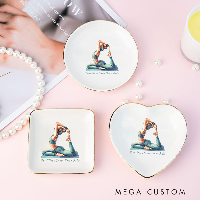 Personalized Ring Dishes with Elegant Yoga Pose Design and Gold Trim Perfect Gift for Jewelry Storage, Home Décor or Unique Gift for Yoga Lover