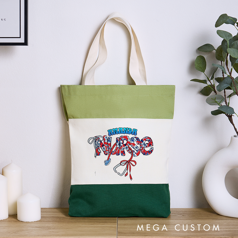 Personalized Nurse Tri Color Canvas Tote Bag Stethoscopes Tied with Delicate Bows Design Gift for Nurse