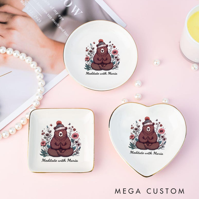Personalized Ring Dishes with Adorable Meditating Bear Design and Gold Trim Perfect Gift for Jewelry Storage, Home Décor or Unique Gift for Yoga Lover