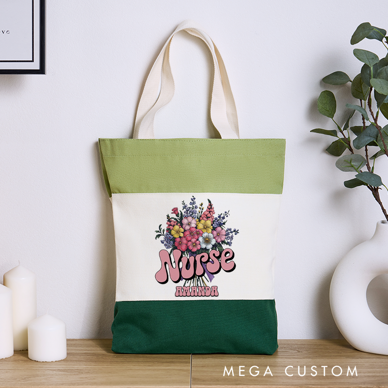 Personalized Nurse Tri Color Canvas Tote Bag a Vibrant Bouquet of Colorful Flowers Gift for Nurse