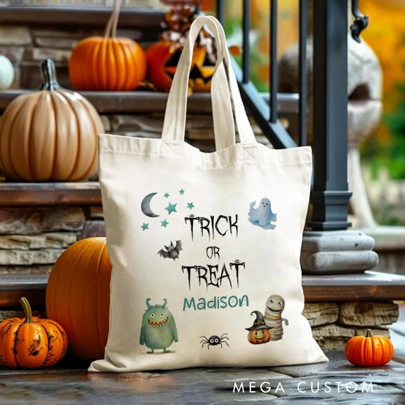 Personalized Trick or Treat Illustration Featuring Monster Ghost and Name for a Fun Halloween Celebration Tote Bag