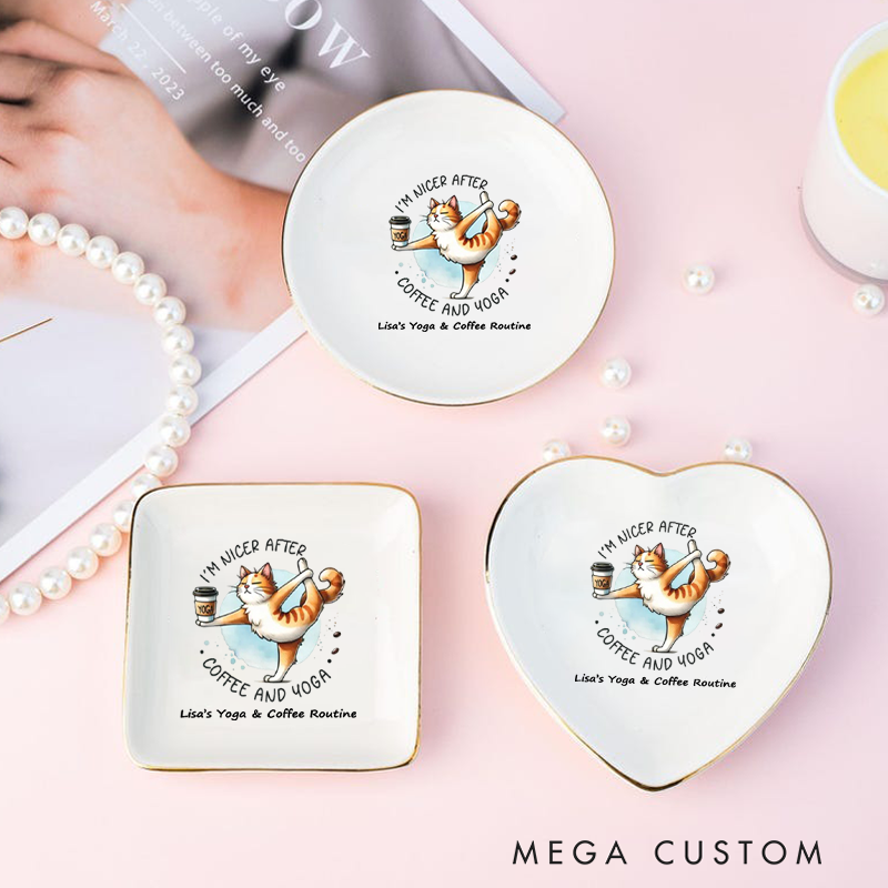 Personalized Ring Dishes with Funny Yoga Cat and Coffee Design Perfect Gift for Jewelry Storage, Home Décor or Unique Gift for Yoga Lover