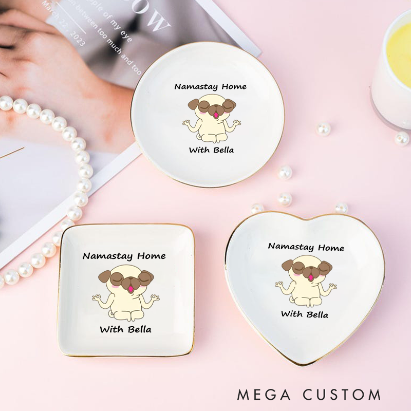 Personalized Ring Dishes with Cute Meditating Dog Design and Gold Trim Perfect Gift for Jewelry Storage, Home Décor or Unique Gift for Yoga Lover