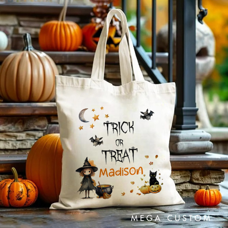 Personalized Trick or Treat Illustration Featuring Witch Cat and Name for a Spooky Halloween Accent Tote Bag