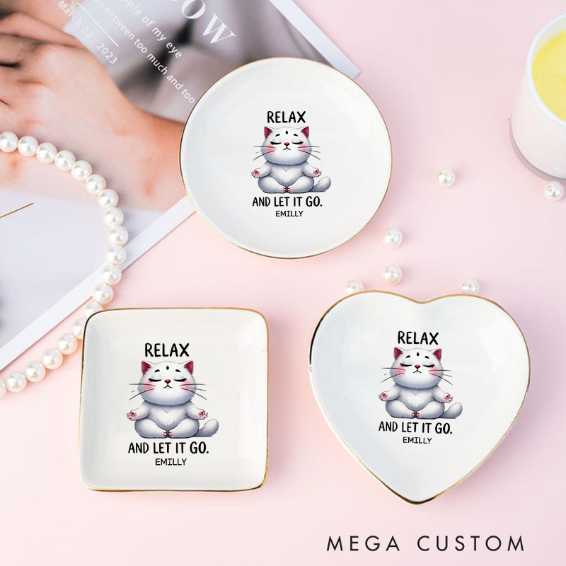 Personalized Ring Dishes with Relaxing Meditating Cat Design and Gold Trim Perfect Gift for Jewelry Storage, Home Décor or Unique Gift for Yoga Lover