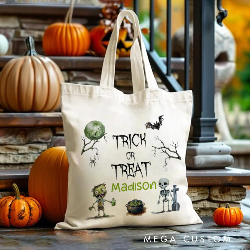 Personalized Trick or Treat Illustration Featuring Skeleton Bat and Name for a Creepy Halloween Decoration Tote Bag