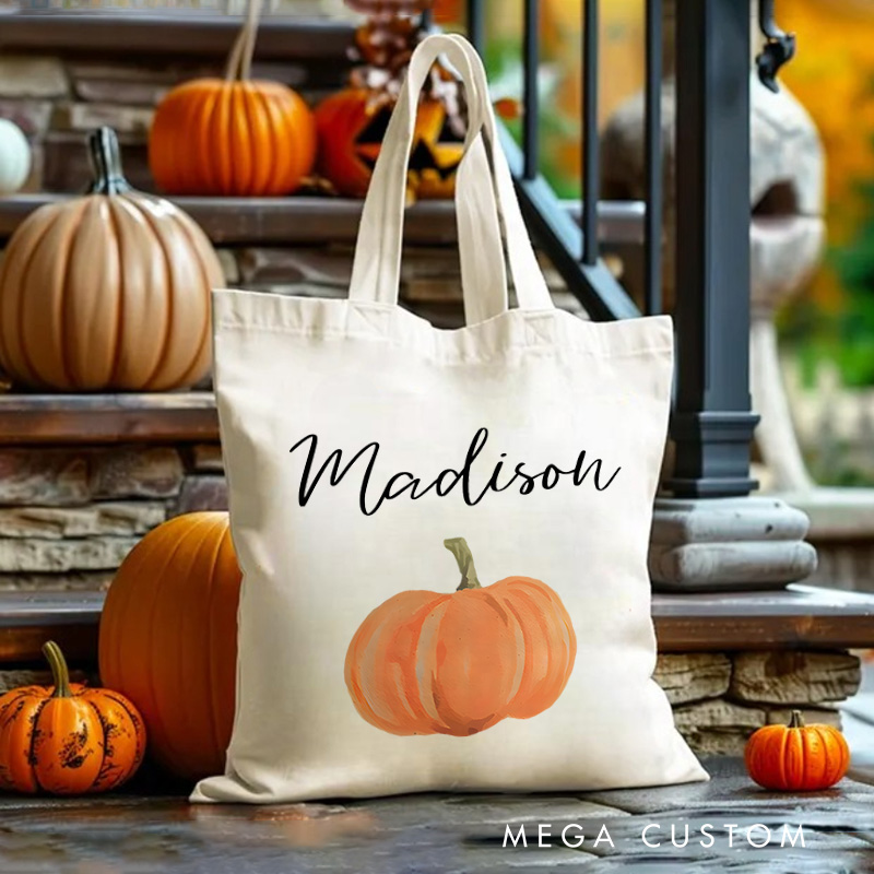 Personalized Pumpkin Illustration Featuring Name for a Festive and Autumn Inspired Halloween Accent Tote Bag