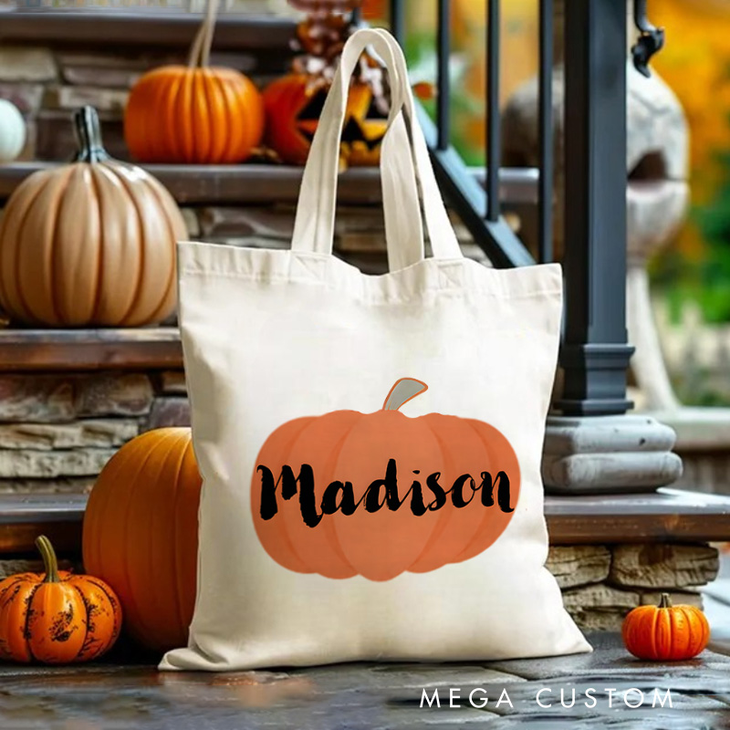 Personalized Pumpkin Illustration Featuring Name with Bold Lettering for a Fun Halloween Celebration Tote Bag