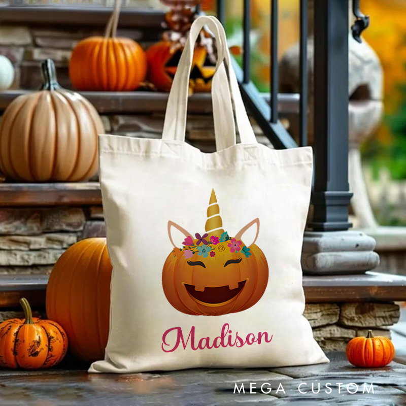 Personalized Pumpkin Illustration with Floral Crown Featuring Name for a Unique Halloween Accent Tote Bag