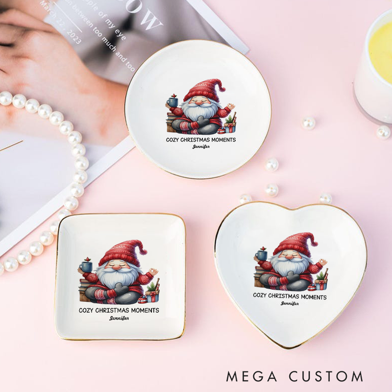 Personalized Ring Dishes with Festive Santa Meditation Design and Gold Trim Perfect Gift for Jewelry Storage, Home Décor or Unique Gift for Yoga Lover
