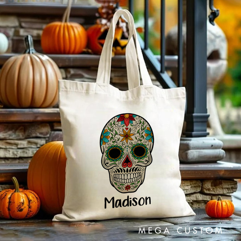 Personalized Sugar Skull Illustration Featuring Name for a Colorful and Festive Halloween Decoration Tote Bag