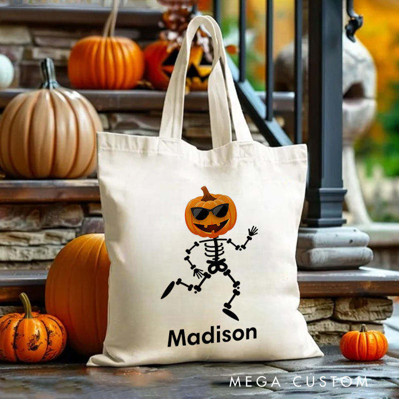Personalized Skeleton Illustration with Pumpkin Head Featuring Name for a Playful Halloween Accent Tote Bag
