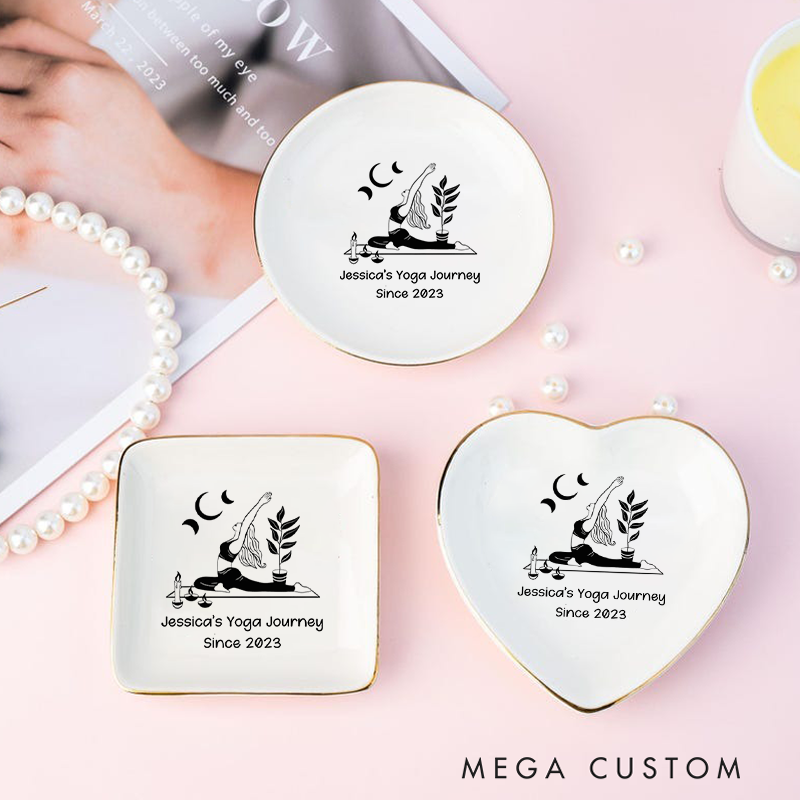 Personalized Ring Dishes with Elegant Yoga Design and Gold Trim Perfect Gift for Jewelry Storage, Home Décor or Unique Gift for Yoga Lover