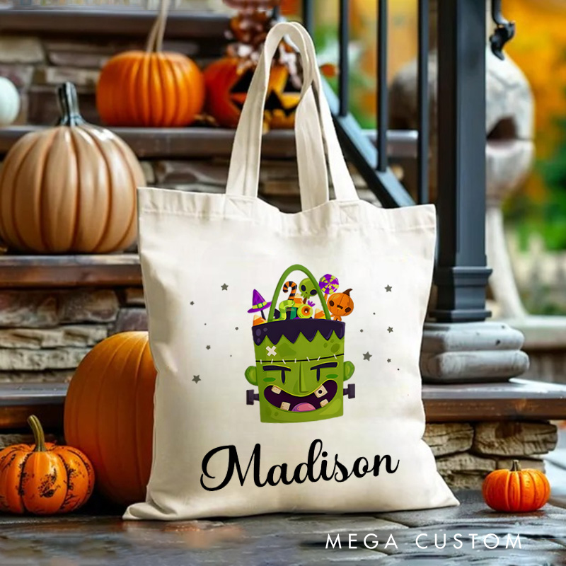 Personalized Frankenstein Illustration Featuring Name for a Fun and Spooky Halloween Celebration Tote Bag
