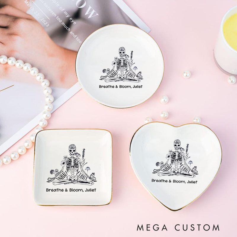 Personalized Ring Dishes with Skeleton Meditation Design and Gold Trim Perfect Gift for Jewelry Storage, Home Décor or Unique Gift for Yoga Lover