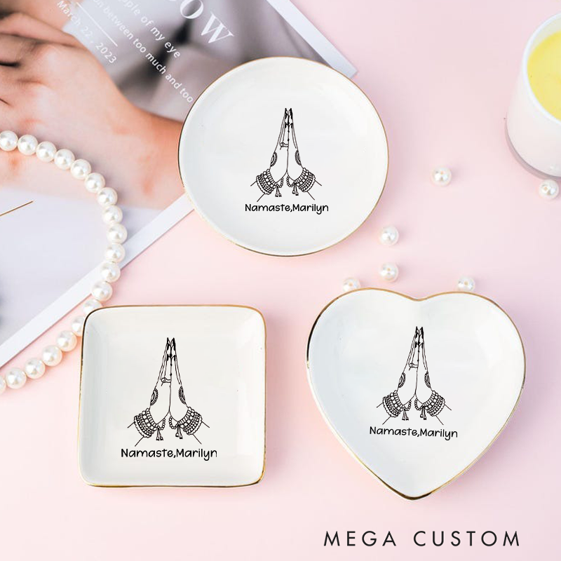 Personalized Ring Dishes with Elegant Namaste Hands Design and Gold Trim Perfect Gift for Jewelry Storage, Home Décor or Unique Gift for Yoga Lover