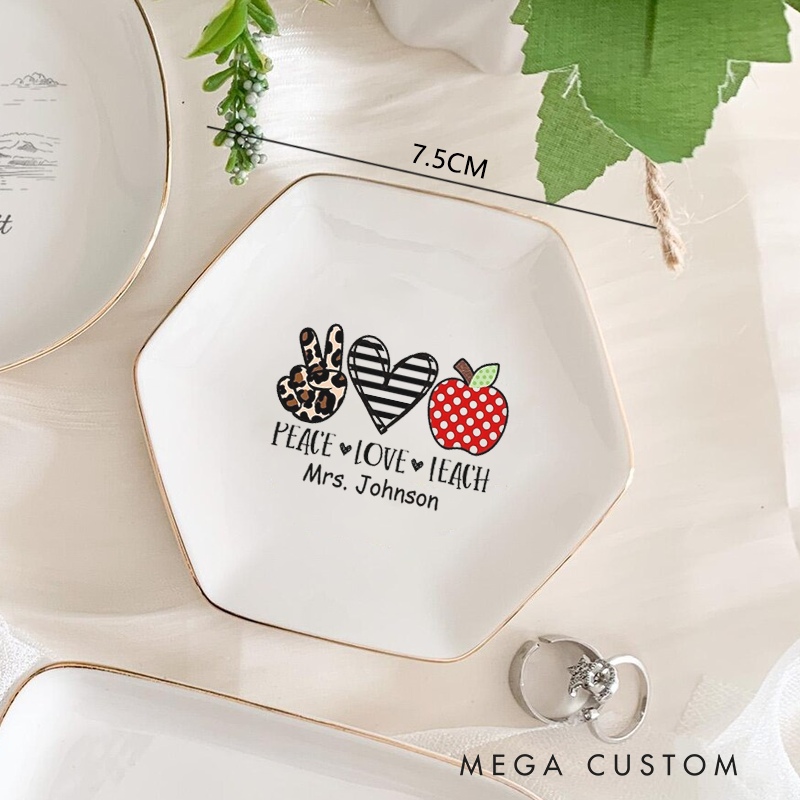 Personalized Jewelry Dish for Teacher Peace Love Teach Gold Rim Hexagon Ring Dish Teacher Appreciation Gift