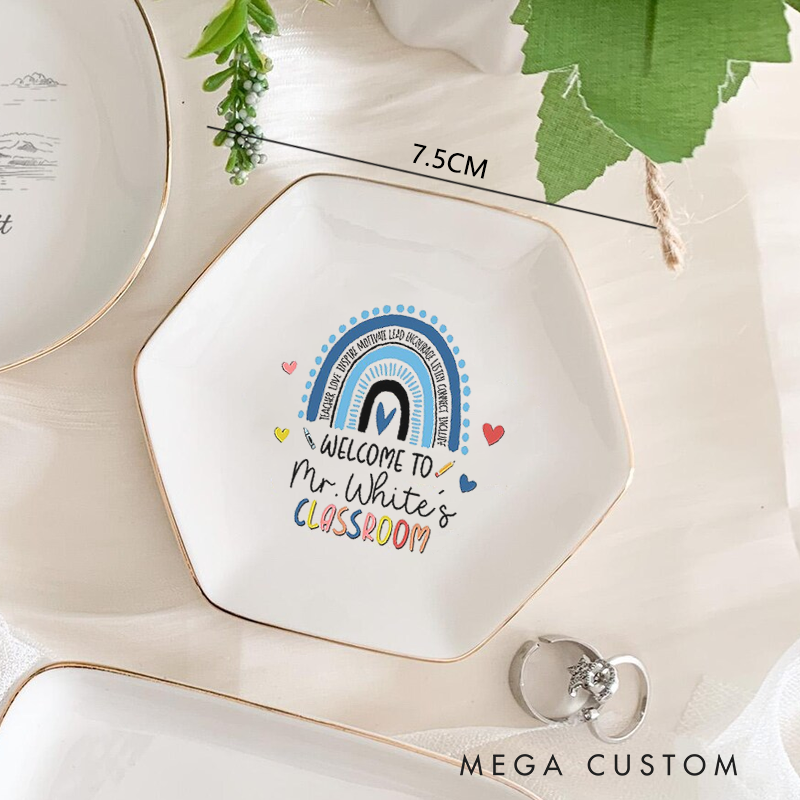 Personalized Jewelry Dish for Teacher Colorful Hand Drawn Rainbow Gold Rim Hexagon Ring Dish Teacher Appreciation Gift