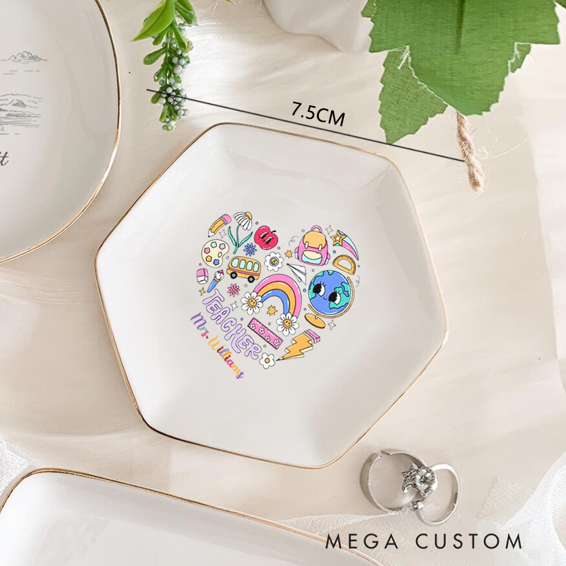 Personalized Jewelry Dish for Teacher School Related Elements Arranged in a Heart shape Gold Rim Hexagon Ring Dish Teacher Appreciation Gift