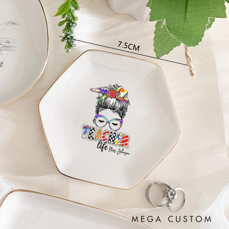 Personalized Jewelry Dish for Teacher Illustration of a teacher with Glasses Teacher Life Gold Rim Hexagon Ring Dish Teacher Appreciation Gift