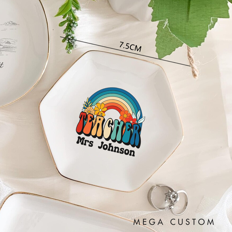 Personalized Jewelry Dish for Teacher Retro Style Rainbow Design Gold Rim Hexagon Ring Dish Teacher Appreciation Gift