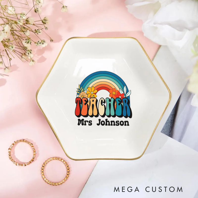 Personalized Jewelry Dish for Teacher Retro Style Rainbow Design Gold Rim Hexagon Ring Dish Teacher Appreciation Gift
