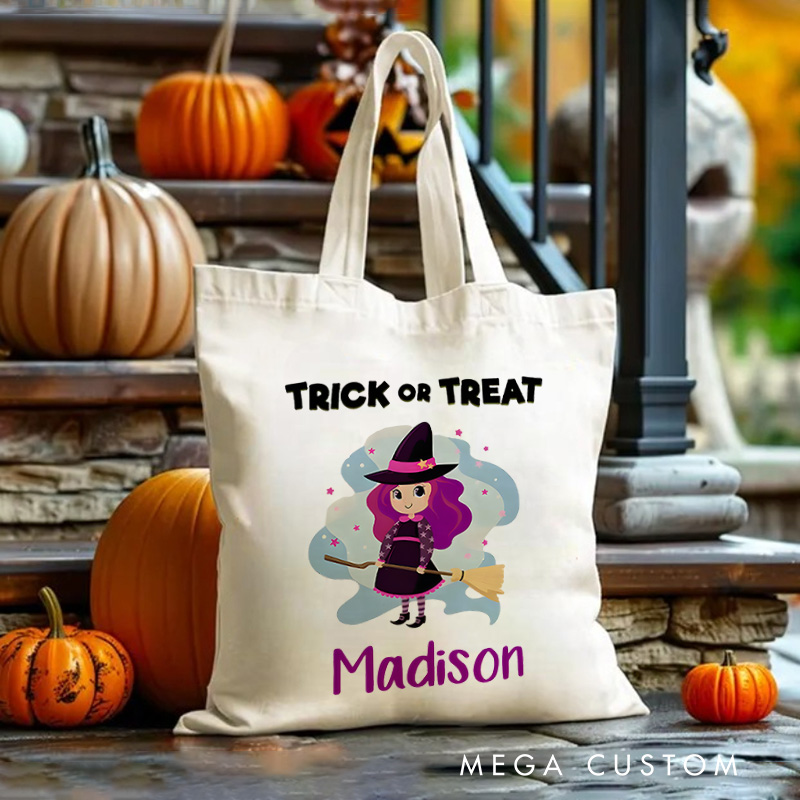Personalized Witch Trick or Treat Illustration Featuring Name for a Fun and Spooky Halloween Celebration Tote Bag