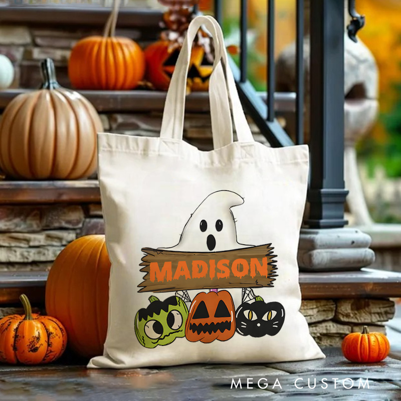 Personalized Ghost and Pumpkin Illustration Featuring Name for a Cute and Festive Halloween Accent Tote Bag