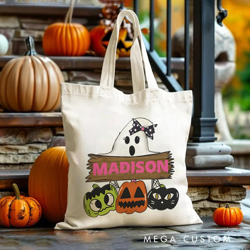 Personalized Ghost and Pumpkin Illustration Featuring Name with Playful Details for a Halloween Celebration Tote Bag