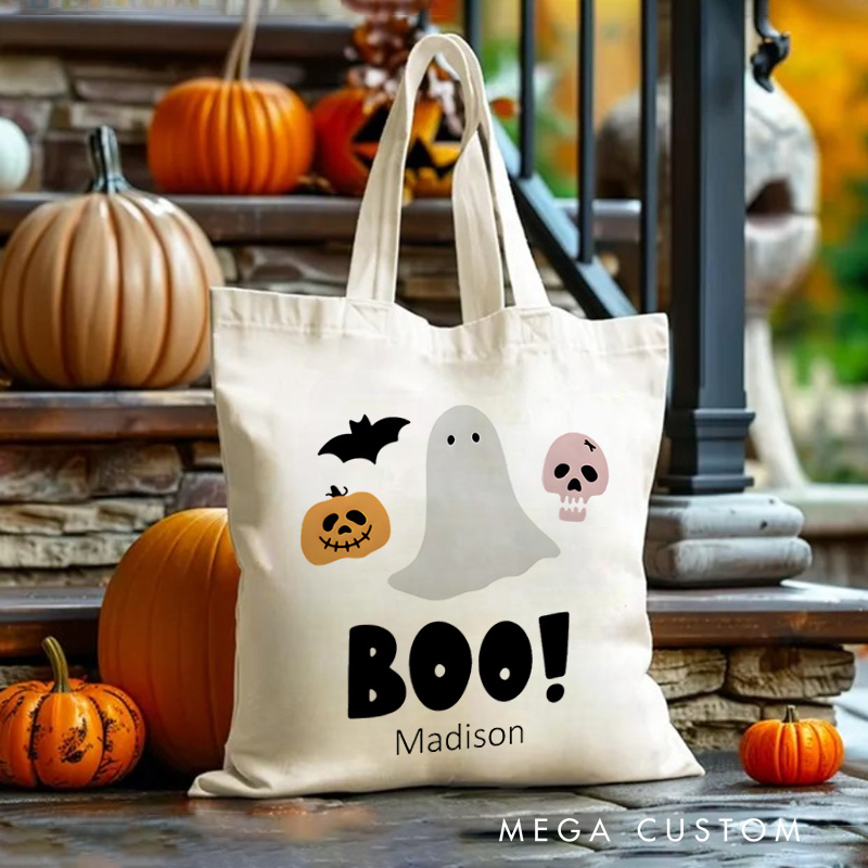 Personalized Boo Ghost Illustration Featuring Name for a Fun and Spooky Halloween Decoration Tote Bag