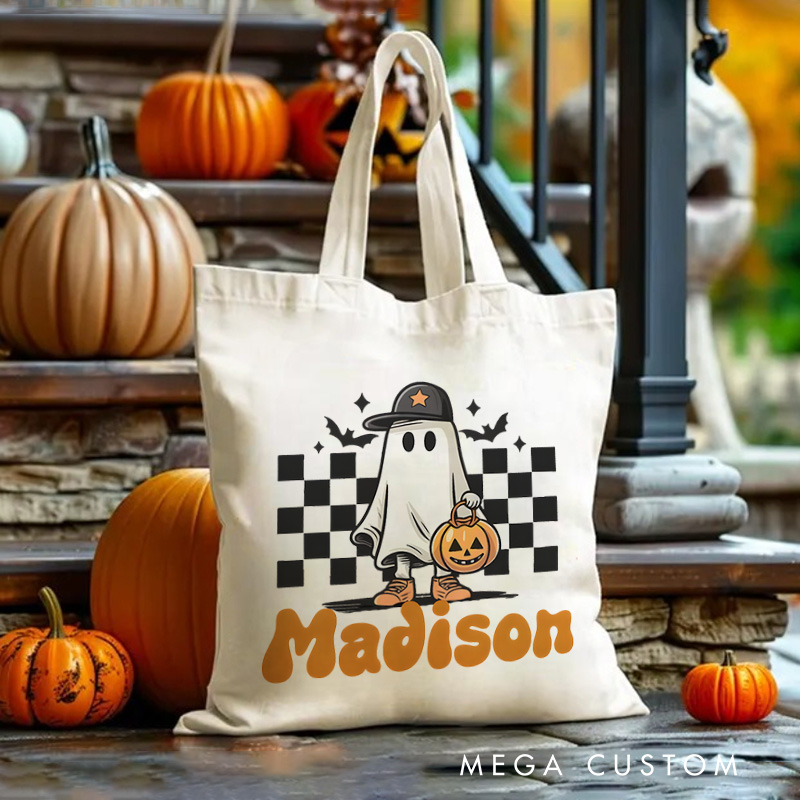 Personalized Ghost and Checkered Pattern Illustration Featuring Name for a Unique Halloween Accent Tote Bag