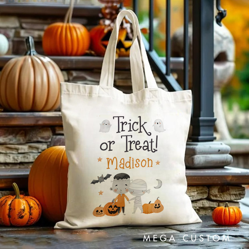 Personalized Trick or Treat Illustration Featuring Ghosts Bats and Name for a Festive Halloween Celebration Tote Bag