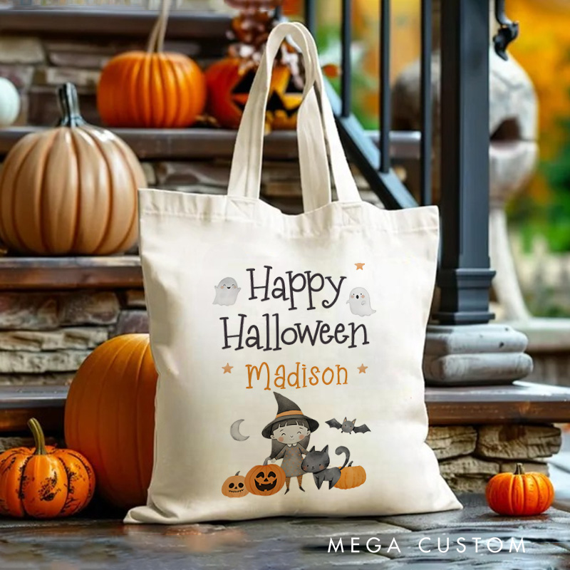 Personalized Happy Halloween Illustration Featuring Ghosts Pumpkins and Name for a Delightful Halloween Accent Tote Bag