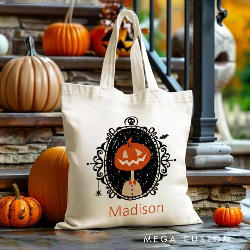 Personalized Pumpkin Illustration in Ornate Frame Featuring Name for a Sophisticated Halloween Decoration Tote Bag