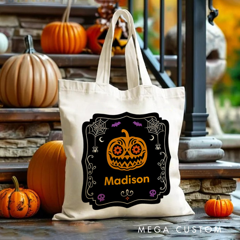 Personalized Halloween Pumpkin Illustration Featuring Name with Elegant Frame for a Stylish Halloween Accent Tote Bag