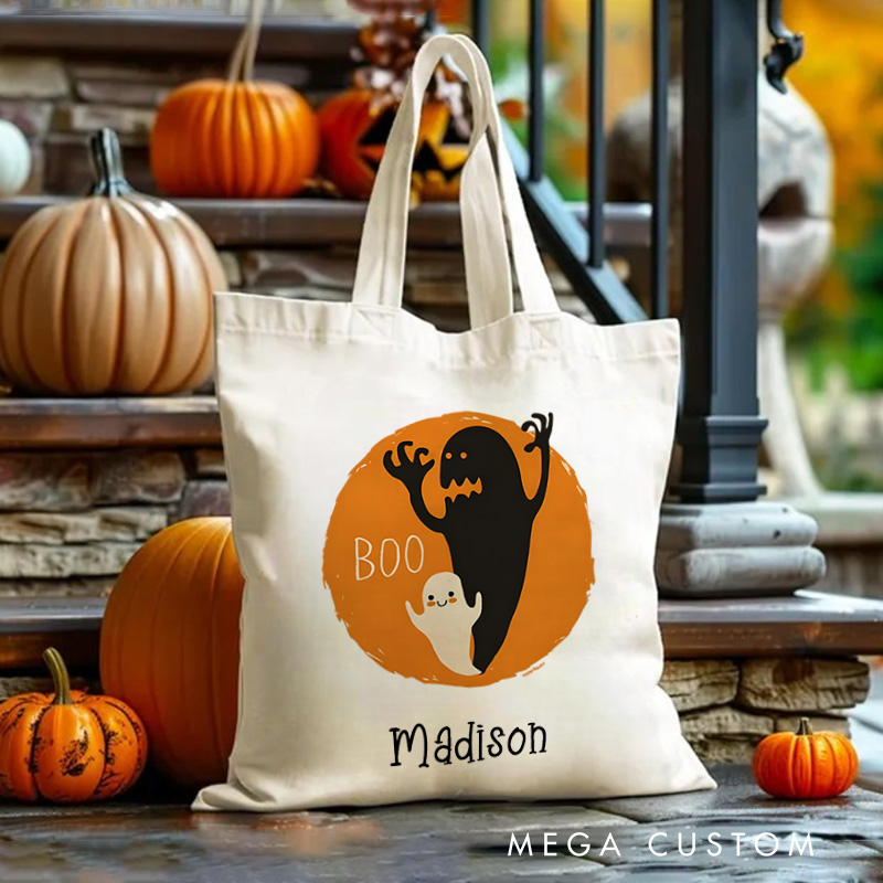 Personalized Boo Ghost Illustration Featuring Name with Orange Background for a Fun Halloween Celebration Tote Bag