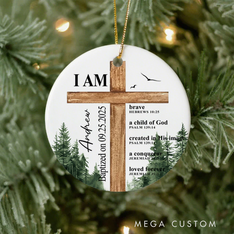 Personalized Forest Cross Bless Bible Verse Ceramic Ornament with Name and Text Baptism First Communion Gift for Boys